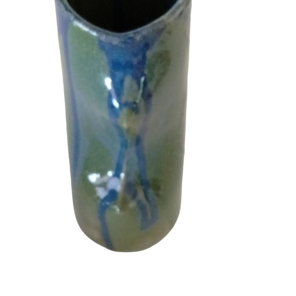 Artisan Blue Green Vase Rustic Primitive Drip Glaze - Picture 4 of 9